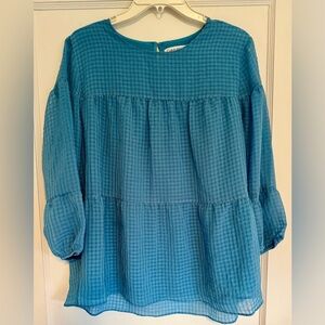 Calvin Klein Women's Blue Textured Chiffon 3/4 Sleeve Blouse Top Size L